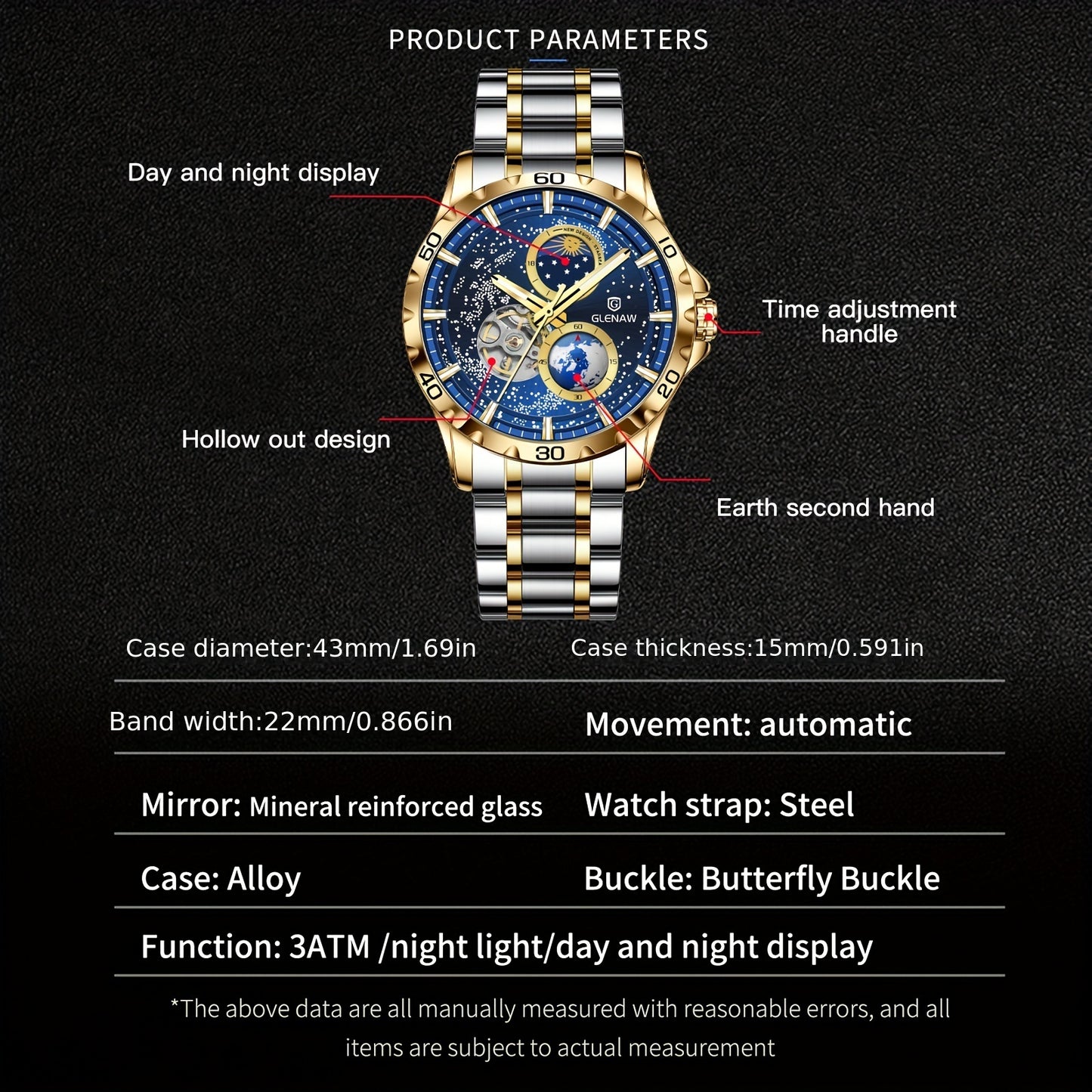 Multifunctional Men's Mechanical Watch Starry Sky Dial Steel Band Stopwatch Sun Moon Star Automatic Men's Watch