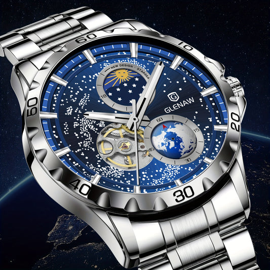 Multifunctional Men's Mechanical Watch Starry Sky Dial Steel Band Stopwatch Sun Moon Star Automatic Men's Watch